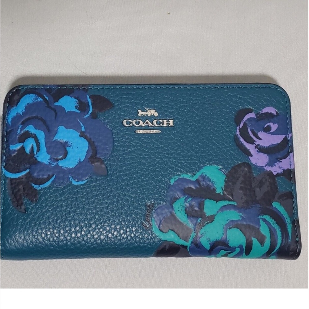 Coach Deep Turquoise Floral Zip Around Wallet